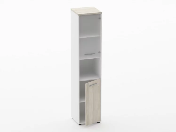 Шкаф 4 узкий верх стеклянная дверь, низ закрытый, с нишей Дека 10.19.18Пр Дуб Сантана светлый/Белый / Deka_1