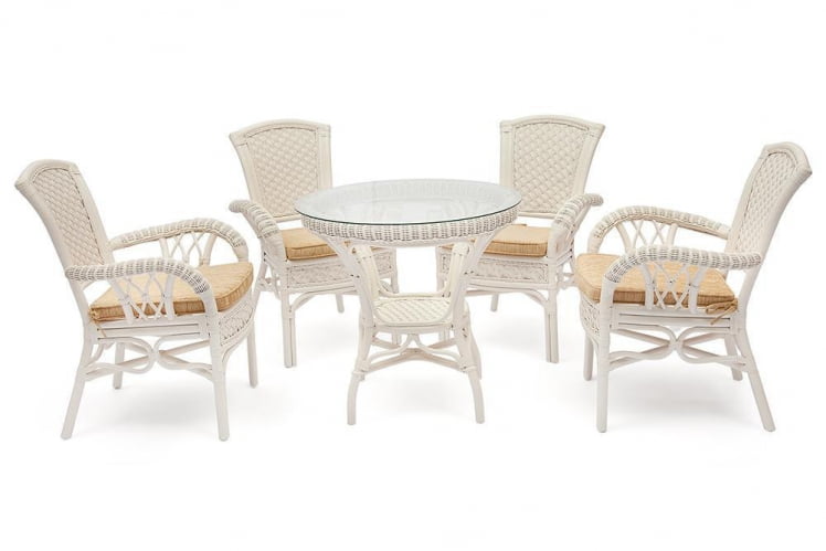 Комплект обеденный АНДРЕА ( стол со стеклом + 4 кресла + подушки) ТCХ Вхите (белый), Ткань рубчик, цвет кремовый / ANDREA TCH White_0