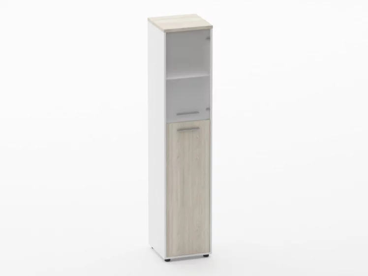 Шкаф 4 узкий  верх стеклянная дверь, низ закрытый Дека 10.19.19Пр Дуб Сантана светлый/Белый / Deka_0