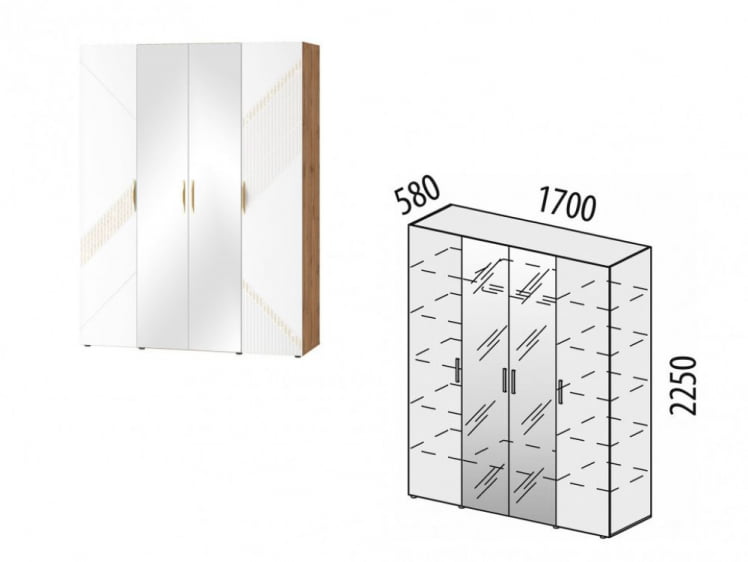 Шкаф четырехдверный с зеркалом (лев/прав) Монако 903.14 Дуб Вотан / Белый шпон / Альпийский белый_6