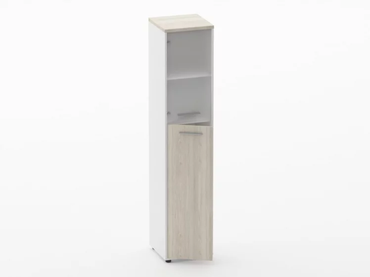 Шкаф 4 узкий  верх стеклянная дверь, низ закрытый Дека 10.19.19Л Дуб Сантана светлый/Белый / Deka_1