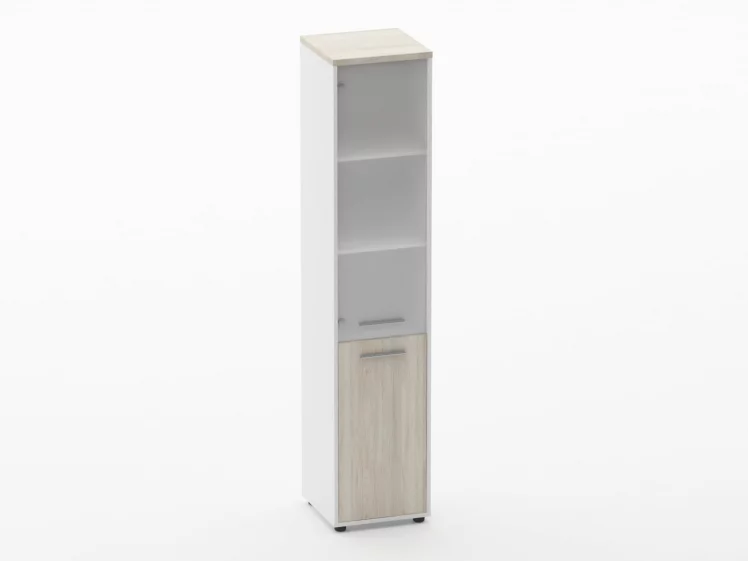 Шкаф 4 узкий верх стеклянная дверь, низ закрытый Дека 10.19.17Л Дуб Сантана светлый/Белый / Deka_0