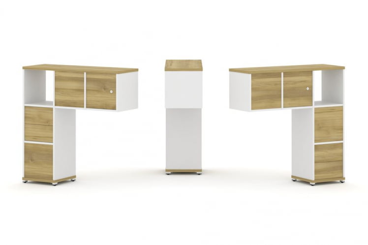 Надставка на стол низкая двухсторонняя + задняя стенка (4 шт.) + блок с 2-мя ящиками (2 шт.) + распашной фасад (2 шт.) CОНCЕПТ CН.ДНН-004 Дуб Винченцо Белый бриллиант Белый металл / CONCEPT CN.DNN-004_0