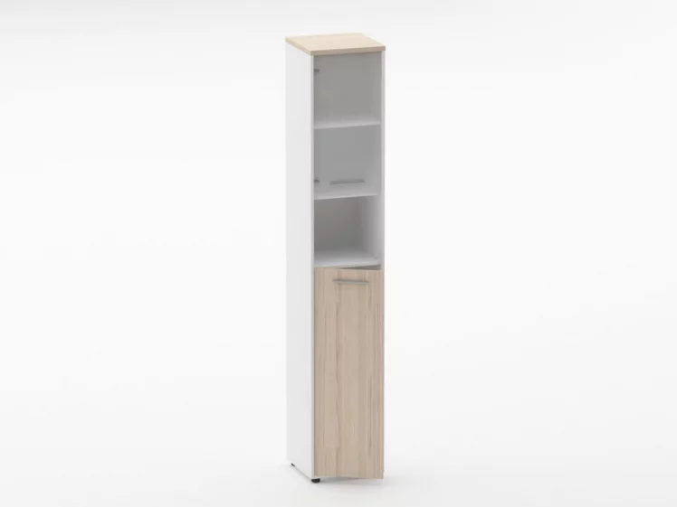 Шкаф 5 узкий верх стеклянная дверь, низ закрытый, с нишей Дека 10.23.20Л Туя/Белый / Deka_1