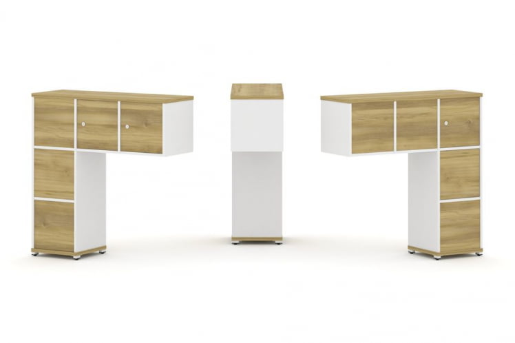 Надставка на стол низкая двухсторонняя + задняя стенка (5 шт.) + блок с 1-м ящиком (2 шт.) + распашной фасад (3 шт.) CОНCЕПТ CН.ДНН-006 Дуб Винченцо Белый бриллиант Белый металл / CONCEPT CN.DNN-006_0