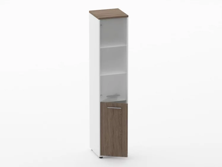 Шкаф 4 узкий верх стеклянная дверь, низ закрытый Дека 10.19.17Л Дуб Верцаска/Белый / Deka_1