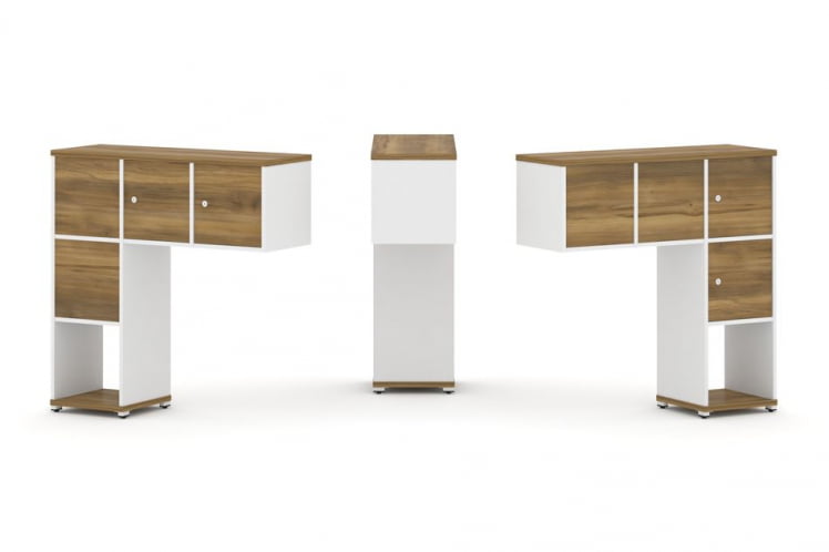 Надставка на стол низкая двухсторонняя + задняя стенка (4 шт.) + распашной фасад (4 шт.) CОНCЕПТ CН.ДНН-002 Сандал Янтарный Белый бриллиант Белый металл / CONCEPT CN.DNN-002_0