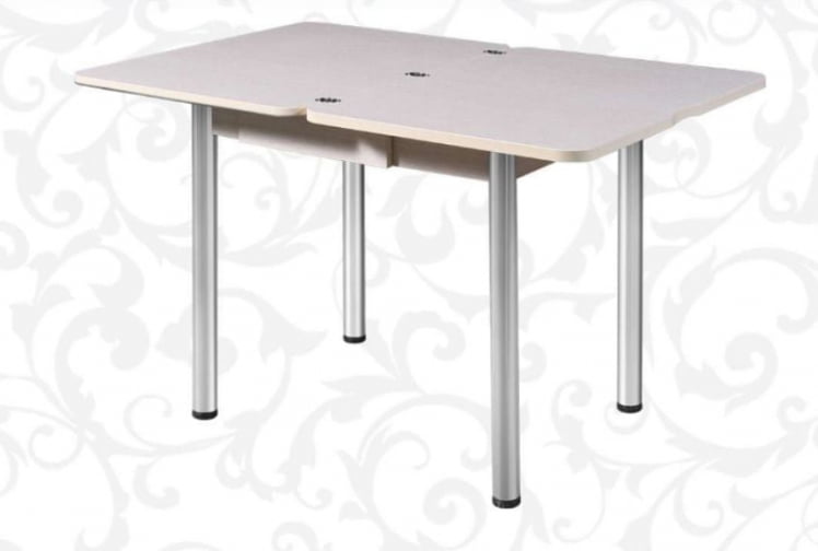 Стол поворотно-раскладной 1,2 Ника с ящиком СТЕКЛО, опоры Д50 круглые ХРОМ, Беленый дуб/Р045 / D50 дуб/R045_2