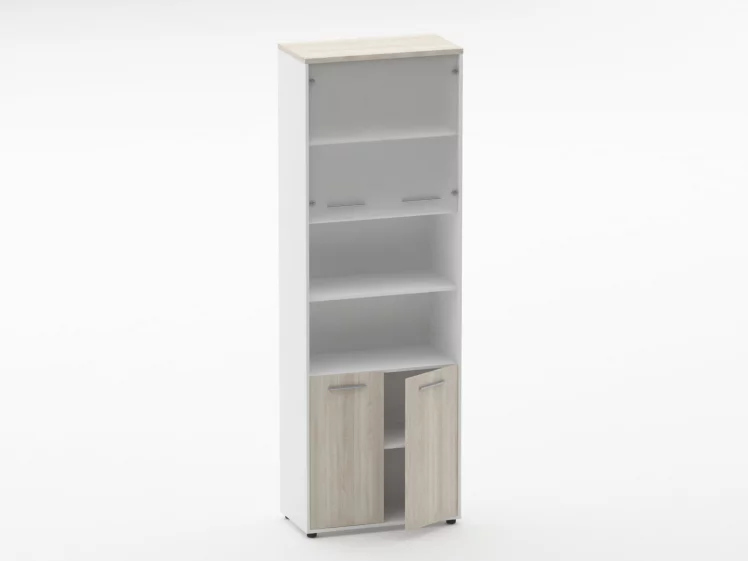 Шкаф 5 широкий верх стеклянная дверь, низ закрытый, две полки открытые Дека 10.23.191 Дуб Сантана светлый/Белый / Deka_1