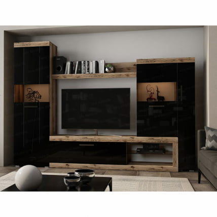 Стенка Бастон Дуб делано/Черный глянец_2