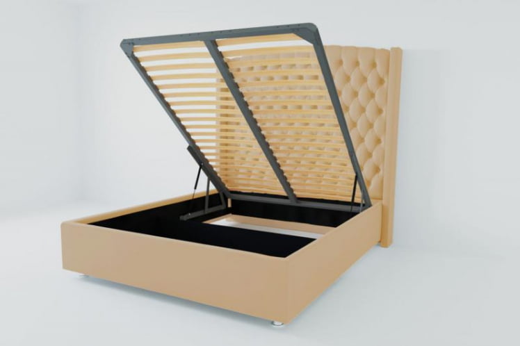 Мягкая интерьерная кровать &куот;Берлин Люкс&куот; с подъемным механизмом Материал фасада: Искусственная кожа; Спальное место: 2000х2000 мм; Цвет фасада: Бежевый; Цвет корпуса: Бежевый / "Берлин Люкс"_0